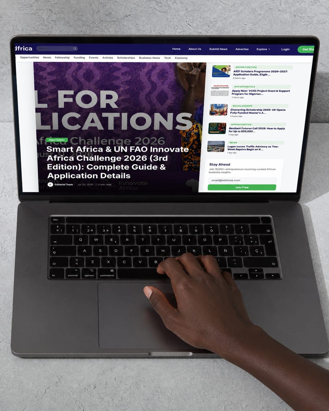 The Edfrica Media platform open on a laptop, showing curated funding and scholarship listings