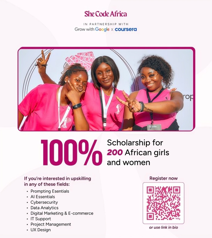 Call for Applications: She Code Africa x Grow with Google Scholarship Program 2025 for African girls and women (100% scholarship)